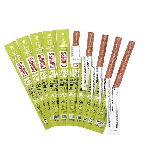 CHOMPS JALAPEÑO TURKEY JERKY MEAT SNACK STICKS 10-PACK – KETO, PALEO, LOW CARB, WHOLE30 APPROVED, 12G LEAN MEAT PROTEIN, GLUTEN FREE, ANTIBIOTIC FREE, ZERO SUGAR FOOD