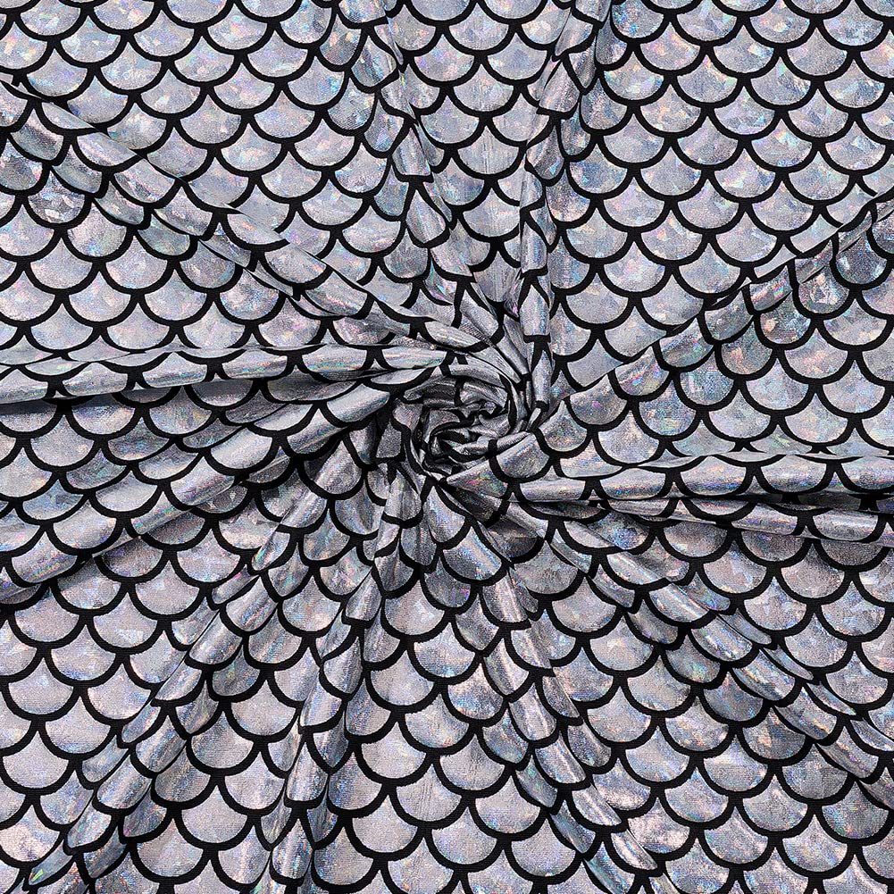 FINGERINSPIRE Mermaid Scales Iridescent Silver Sparkly Hologram Spandex Fabric, 100x150cm, 2 Way Stretch, Glitter Mermaid Printed Fish Scale Fabric for DIY Craft, Banner Decor — image 1