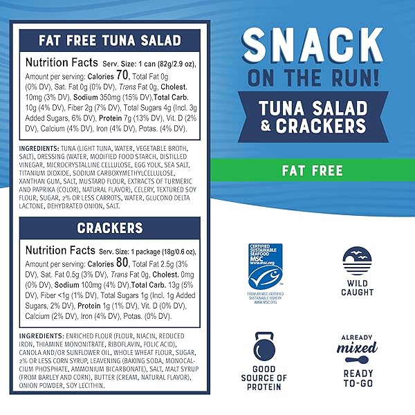 BUMBLE BEE SNACK ON THE RUN! PROTEIN SNACK PACK – 8G PROTEIN PER BOX – FAT FREE TUNA SALAD WITH CRACKERS KIT – READY TO EAT EASY-OPEN CAN – WILD CAUGHT MSC-CERTIFIED TUNA (PACK OF 1)
