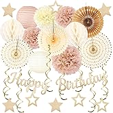 Champagne-Gold Fall Boho Birthday Party-Decorations - 29pcs Beige Cream Autumn Retro Party Decorations for Women Girls, Happy Birthday Banner Paper Streamers Lanterns Tissue Pom Poms - ZERODECO
