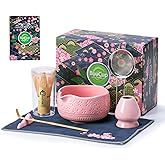 Buucup Matcha Whisk Set, Ceramic Matcha Kit Set Includes Matcha Bowl, Matcha Whisk and Holder, Bamboo Scoop, Scoop Rest, Sifter and Tea Towel - 7 Pcs Matcha Kit for Matcha Lovers (Pink)