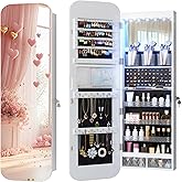 Vlsrka 6 LEDs Mirror Jewelry Cabinet Door Hanging, 47.2" Wall Mounted Jewelry Cabinet, Lockable Full Length Mirror with Storage, Rounded Corner Mirror Jewelry Organizer, 2 Drawers, White