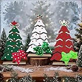 LawnIdyll 3 Pcs Wooden Winter Trees Tabletop Decoration, Rustic Christmas Trees Wooden Signs, Polka Dot Tiered Tray Centerpieces with Bow Hemp Rope Bell for Xmas Holiday Farmhouse Home