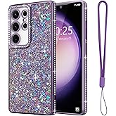 Lafunda for Samsung Galaxy S23 Ultra Case Glitter, Luxury Shiny Bling Sparkly Cover with Strap Crystal Diamond for Women Girls Soft Shockproof Protective Phone Case for Samsung Galaxy S23 Ultra Purple