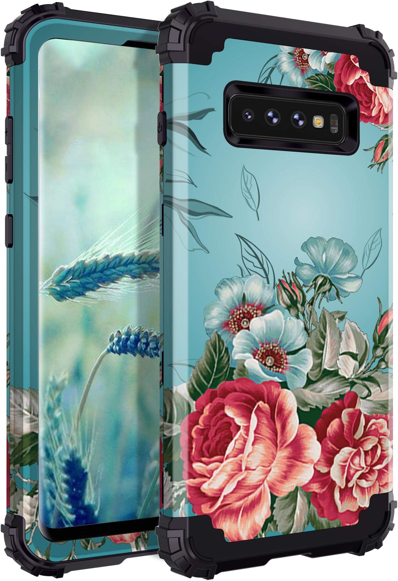 LONTECT for Galaxy S10 Case Floral 3 in 1 Heavy Duty Hybrid Sturdy High Impact Shockproof Protective Cover Case for Samsung Galaxy S10, Teal/Red Flower