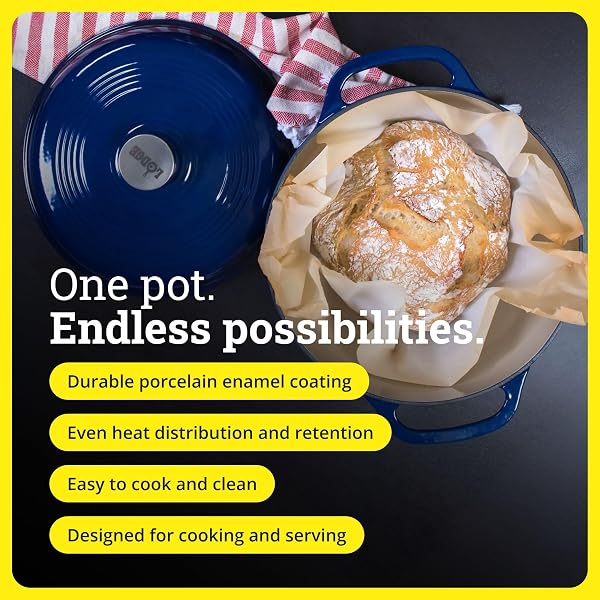 LODGE ESSENTIAL ENAMEL CAST IRON DUTCH OVEN 6 QUARTS – PERFECT FOR BREAD BAKING, BRAISING, MARINATING & SLOW COOKING, FEATURES MOISTURE-SEALING LID & DUAL HANDLES, KITCHEN ESSENTIALS, INDIGO