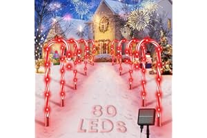 AOSEA Christmas Decorations Outdoor, 80 Red LEDs Solar Christmas Candy Cane Lights, 10 Pack Solar Pathway Lights with 8 Lighting Modes, Waterproof Solar Lights for Yard, Walkway, Lawn, Garden Decor