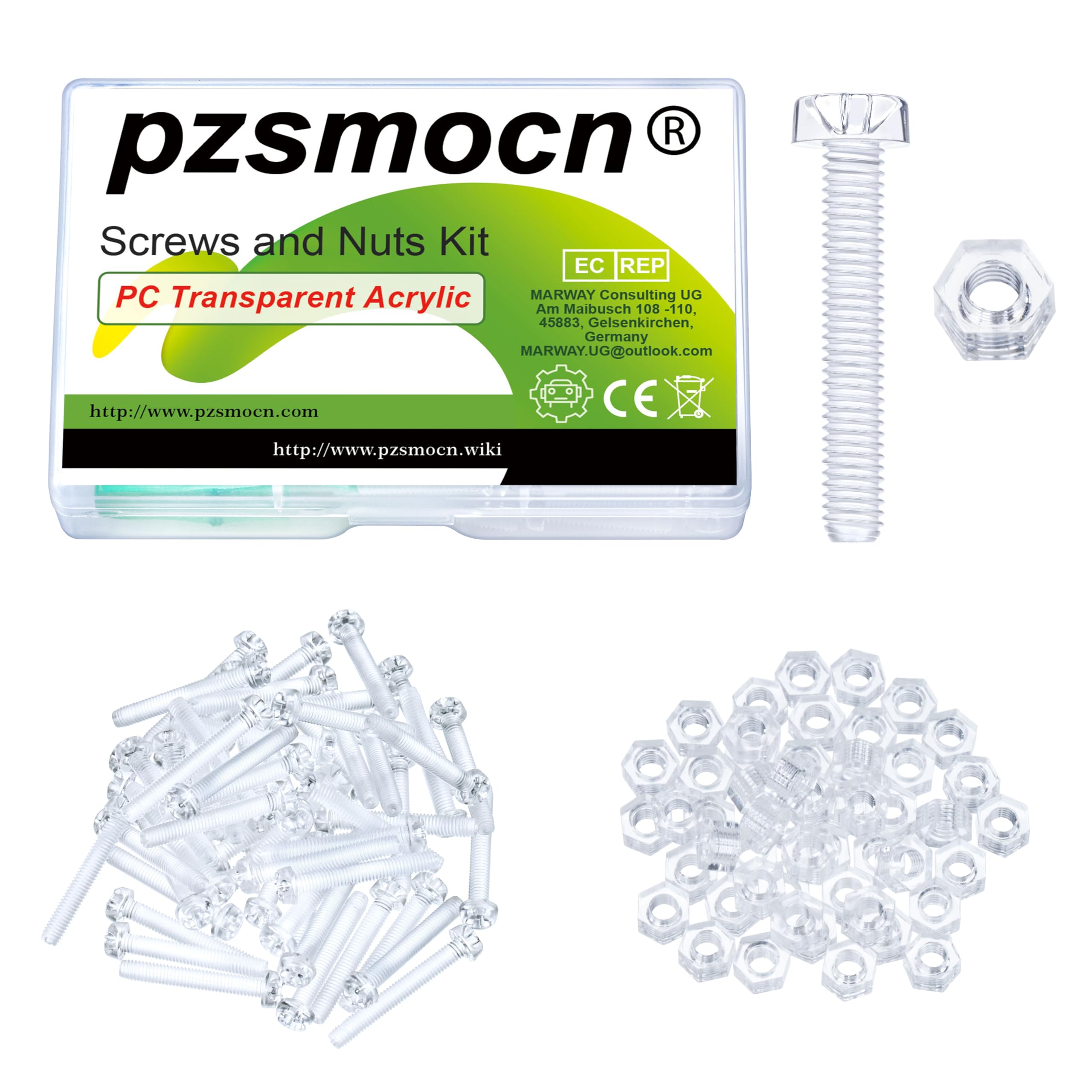 Pzsmocn 100 Pieces/50 Sets M4*30 mm PC Transparent Plastic Cross-recessed Round Head Screws and Hexagonal Nuts Kit, Corrosion-resistant, for DIY, Model and Electronic Product Fixation.