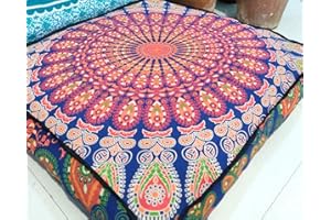 INDIAN CRAFT CASTLE 24" Orange Peacock Mandala Barmeri Large Floor Pillow Cover Cushion Meditation Seating Ottoman Throw Cover Hippie Decorative Zipped Bohemian Pouf Ottoman Pom Pom Cases 24" Square
