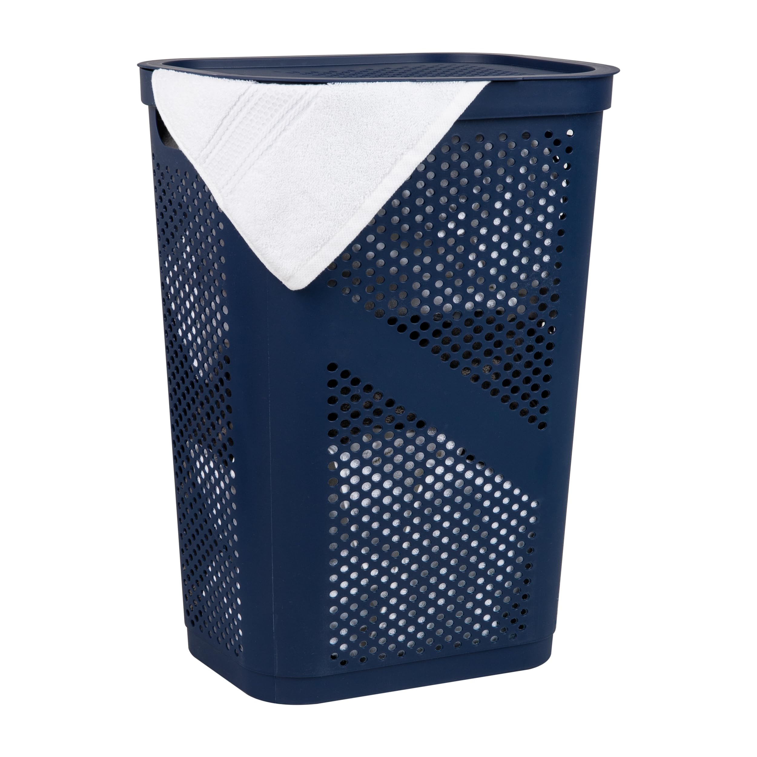 Photo 1 of *Cracked at bottom* Mind Reader Slim Laundry Hamper with Lid, 60L Clothes Basket, Ventilated Plastic, Navy