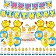 Leitee 57 Pcs Duck Birthday Decorations Balloons Party Banner Cake Topper Cupcake Toppers Rubber Duck Decor for for Birthday Party Supplies(Novel)