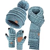 Remifa Winter Beanie Hat Scarf Gloves Set for Women, Slouchy Pom Pom Hat Long Knit Scarf Touchscreen Gloves Christmas Gifts