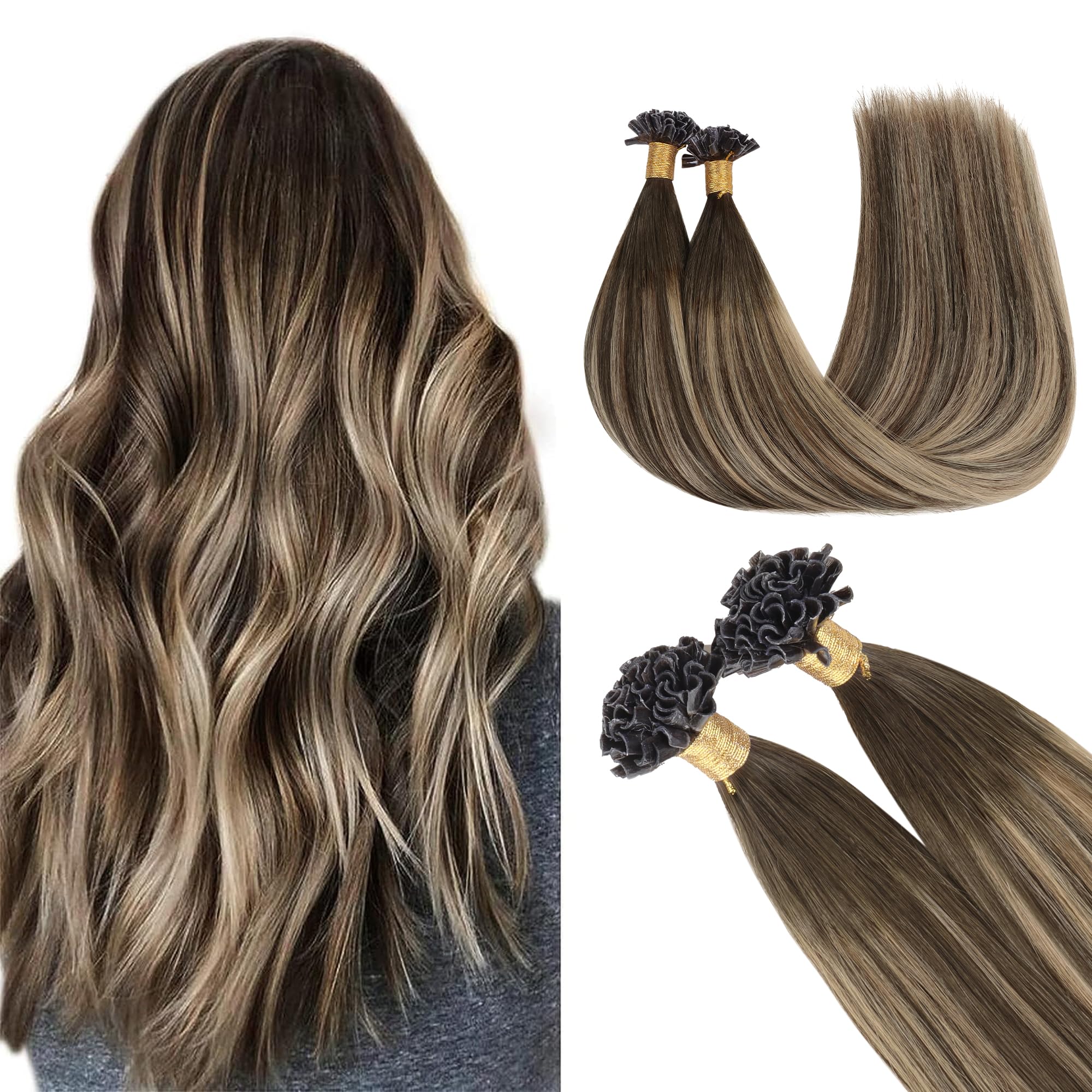 GOO GOO U Tip Hair Extensions Real Human Hair, 20inch 50g 50 Strands, Balayage Chocolate Brown to Honey Blonde, Hot Fusion Keratin Hair Extensions — image 1