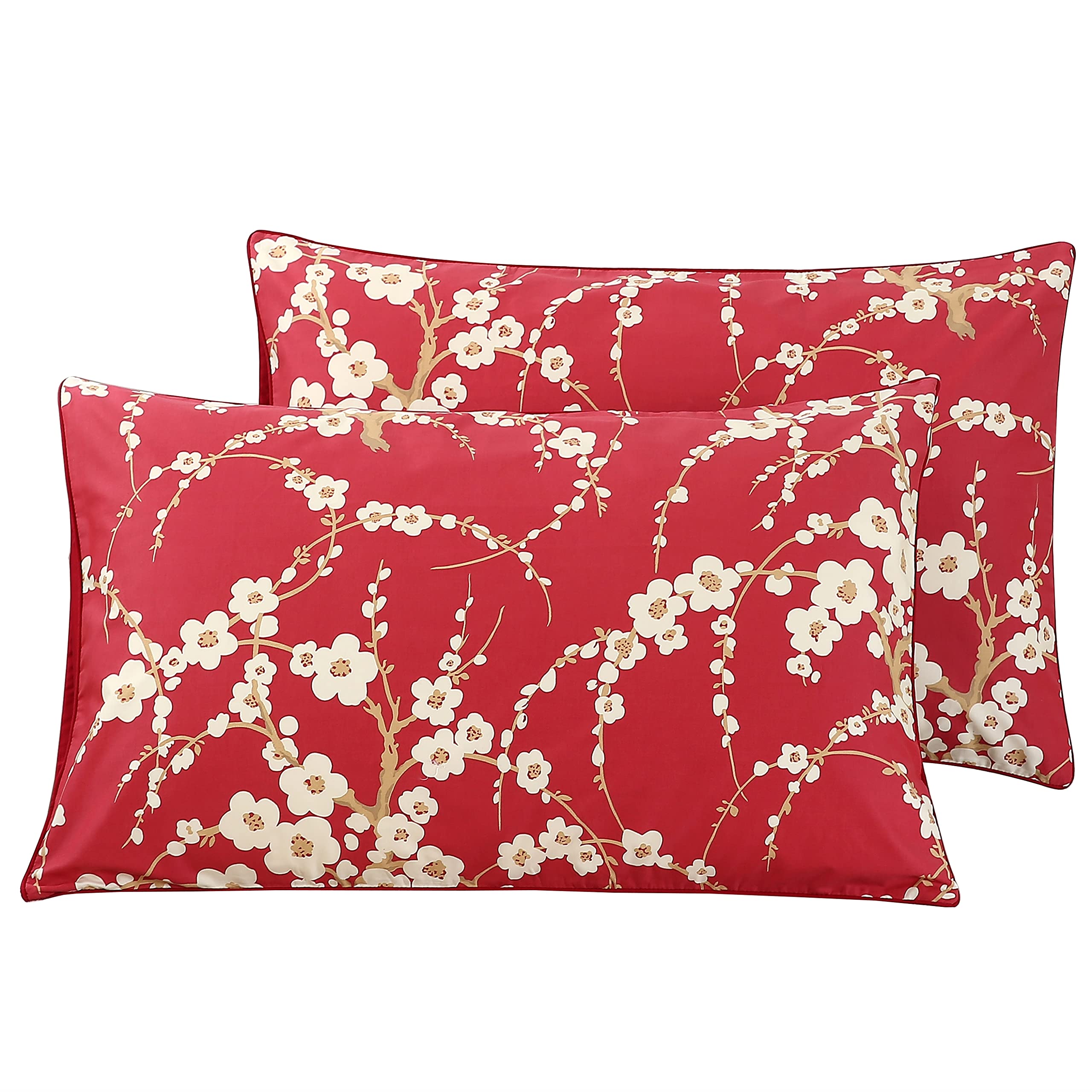 STYHO 100% Egyptian Cotton Floral Printed Pillow Cases 2 Pack Standard Size Pillow Cover for Hair and Skin(Red,50 x 75cm)