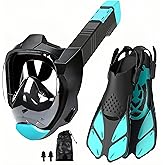 CroyVine Snorkeling Gear for Adults,Full Face Snorkel Mask with Shorten Breathing Distance and Panoramic View Snorkel Masks Dry Top,Adjustable Swim Fins,Anti-Fog Anti-Leak Snorkels Set