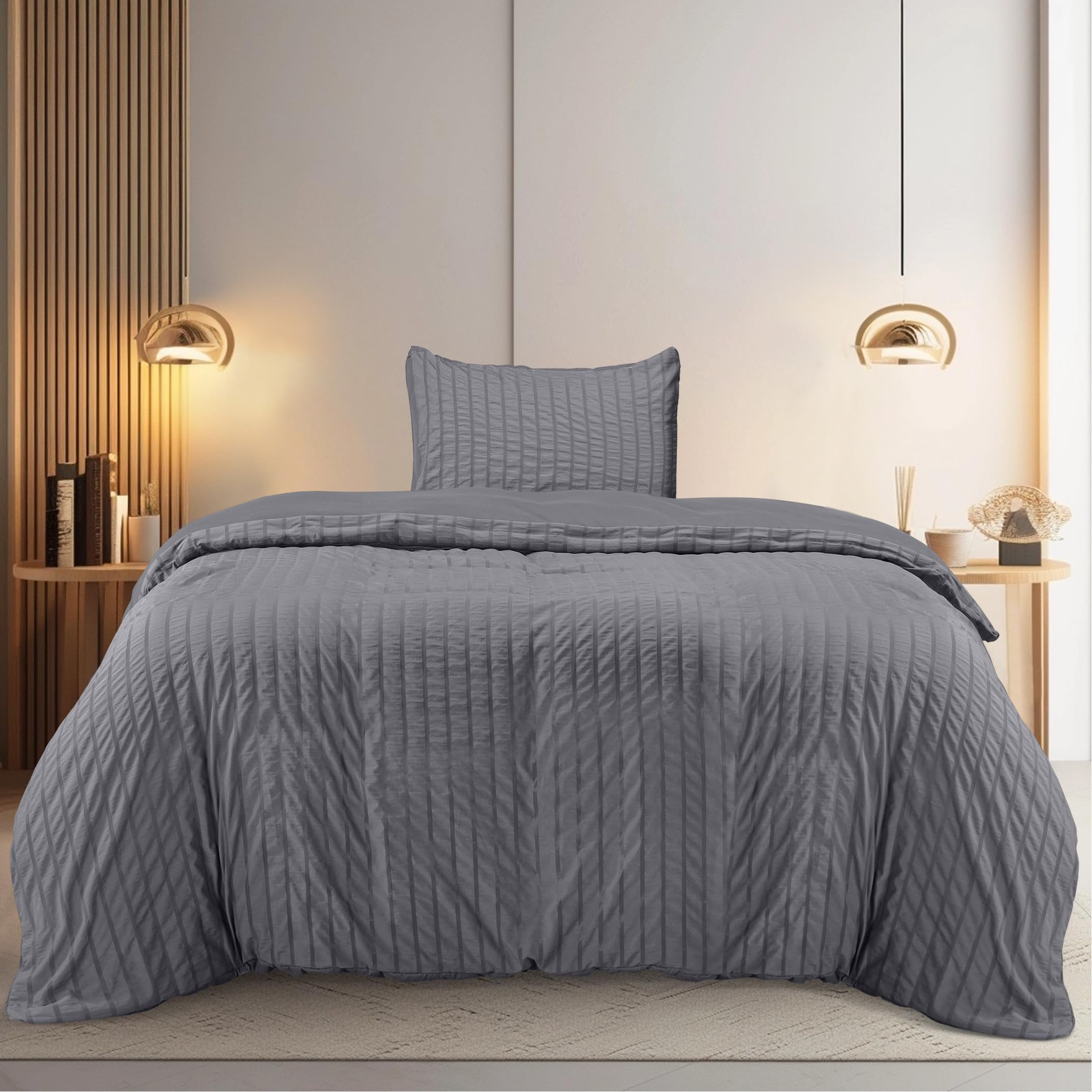 Utopia Bedding Seersucker Duvet Cover - Single Duvet Cover Set with Pillowcase - Soft Microfibre Polyester Seersucker Bedding (Grey) — image 1