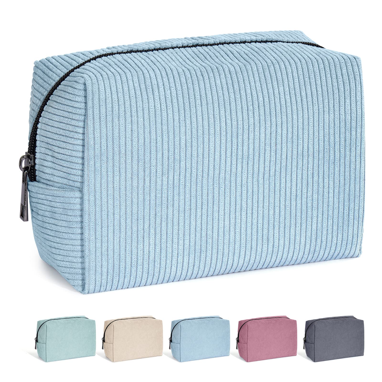 MAANGE Cosmetic Bags for Women Small Makeup Bag for Purse Corduroy Makeup Pouch Travel Makeup Bag with Metal Zipper Make Up Bag for Travelling(Blue)