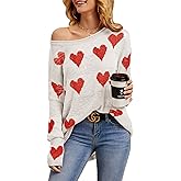 Tutorutor Womens Cute Love Heart Print Sweaters Oversized Off The Shoulder Loose Knitted Valentine Pullover Blouse Top