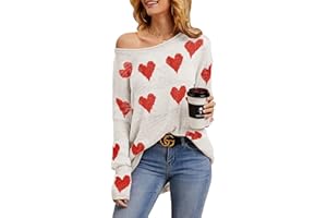 Tutorutor Womens Cute Love Heart Print Sweaters Oversized Off The Shoulder Loose Knitted Valentine Pullover Blouse Top