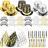 Dreelcny 50Pcs New Years Eve Party Supplies 2026 Happy New Years Decor Party Favors kit Include Black and Gold Cone Hats,Headbands,Top Hats,Noise Makers Accessories for Nye Party Decorations