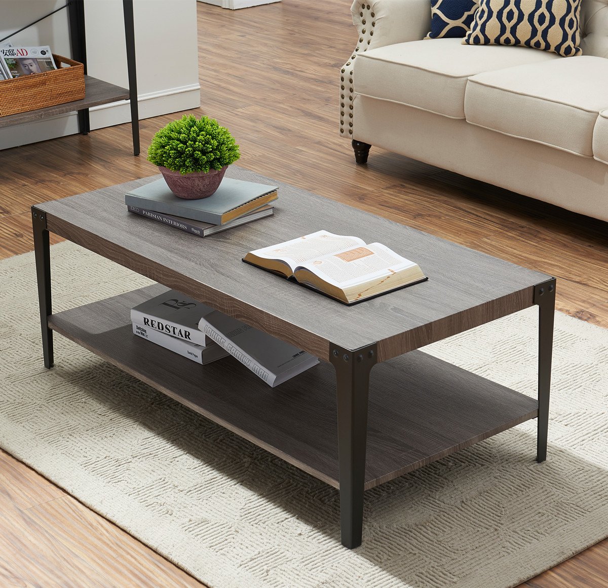 OK Furniture Industrial Rectangular Cocktail Coffee Table with Storage