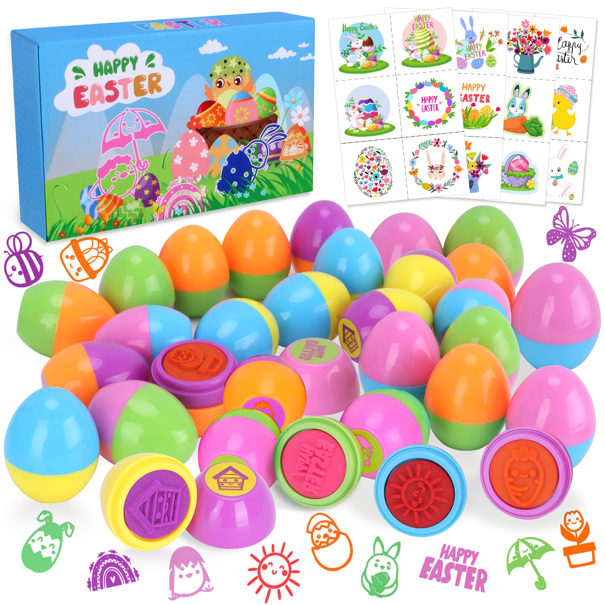24 Pack Prefilled Easter Eggs With Toys, Stamps with Easter Tattoos Easter Basket Egg Hunt Stuffers, Pre Filled Easter Eggs Fillers Self Inking Stamp for Kids Gifts Party Favors, Goodie Bag Stuffer