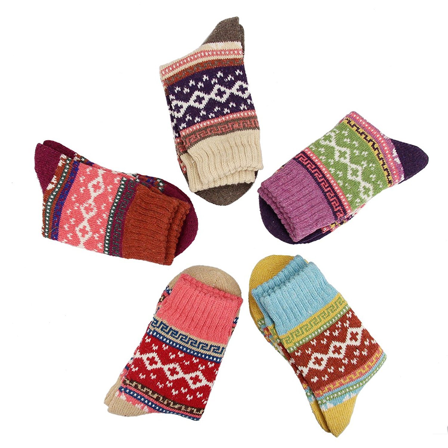 Women 5 Pairs Super Thick Knit Winter Wool Cashmere Thick Warm Soft Casual Socks, One Size,