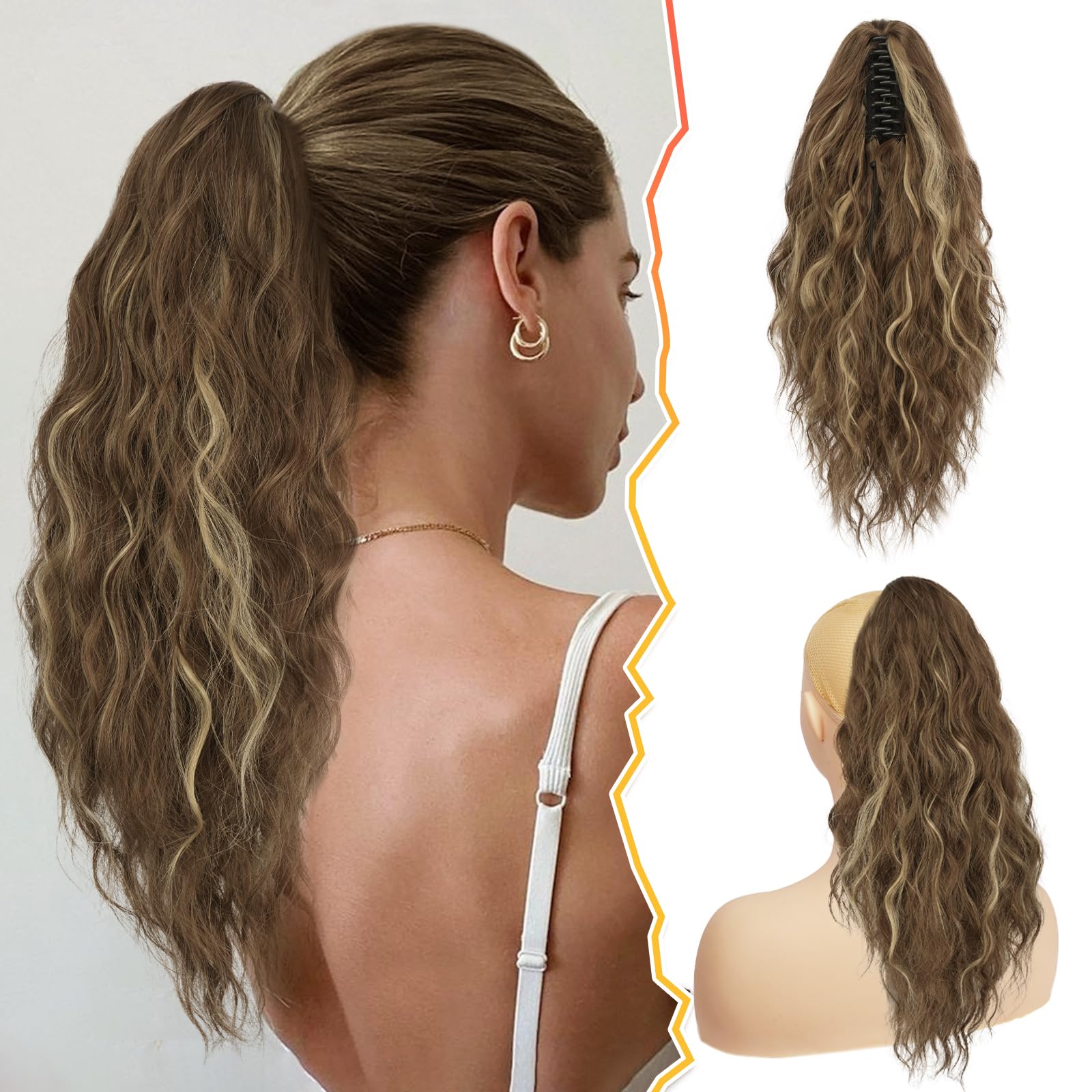 BARSDAR Claw Clip Ponytail Extensions, Clip in Ponytail Extensions Claw Clip on for Women Long Curly Wavy Ponytail Synthetic Clip in Fake Pony Tail Hairpieces for Girls Daily (18Inch,Brown Blonde) โ image 1