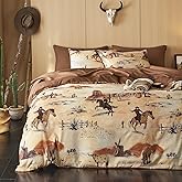 Wake In Cloud - Western Comforter Set, Rustic Ranch Life with Cowboy Southwestern Vintage Country Pattern Printed, Soft Lightweight Bedding, 3 Pieces, Ochre Brown, Queen Size