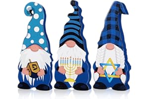 Remerry 3 Pieces Hanukkah Gnomes Wood Blocks, Hanukkah Table Decorations Chanukah Table Centerpieces Wooden Gnomes Signs for Desk Shelf Display Holiday Party Home Supplies Decorations