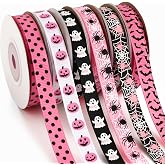 DECYOOL Pink Halloween Ribbon, 6 Rolls 60 Yards Spooky Grosgrain Ribbons | 3/8 inch Wide Pink Black Ribbons, Pumpkin Ghost Spider Web Print, Gift Wrapping, Halloween Craft Supplies, Spooky Party Decor