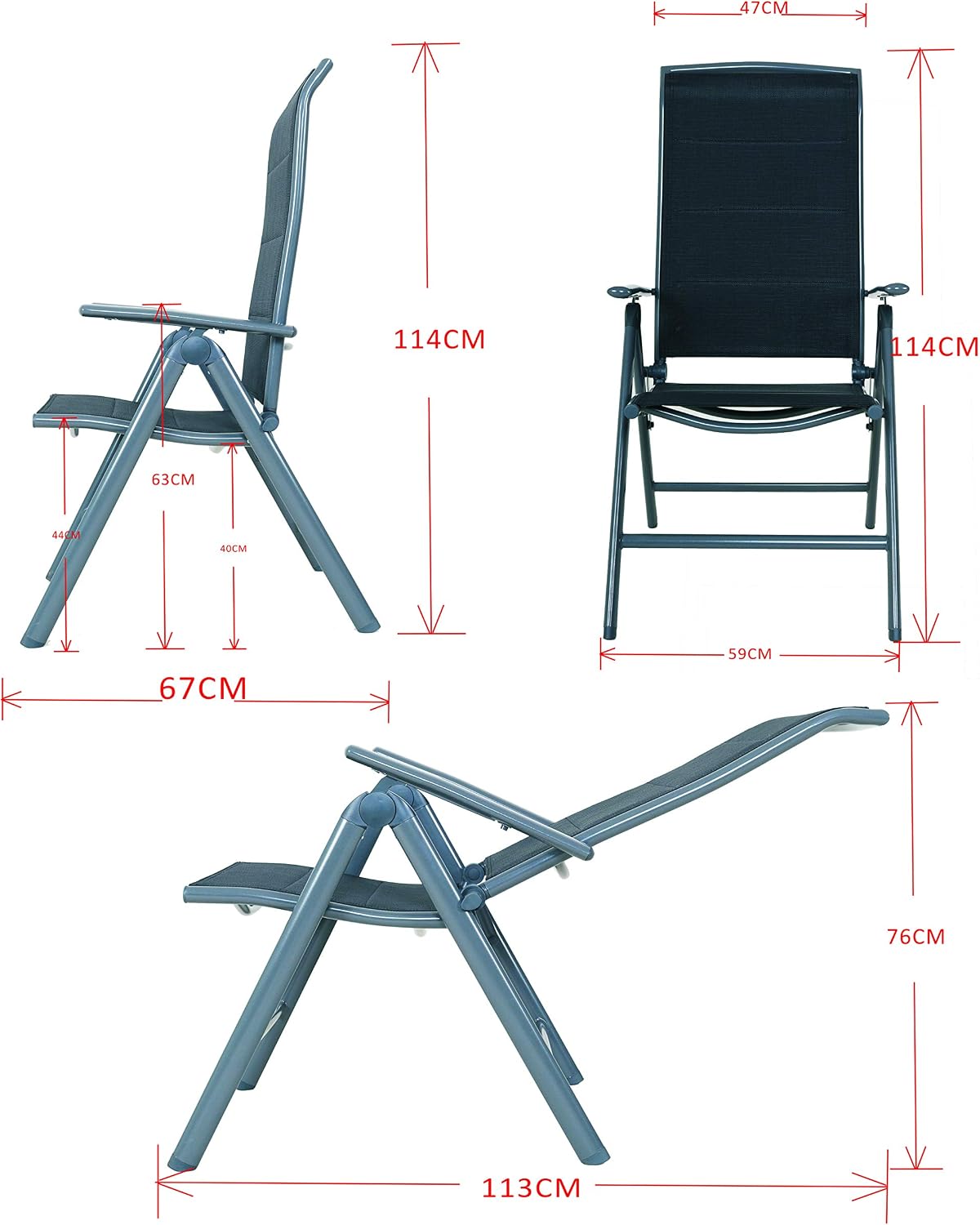 Chicreat Upholstered Folding High-Back Chair, Dark Grey/Black, Aluminium, 150 x 90 x 75 cm - Image 3