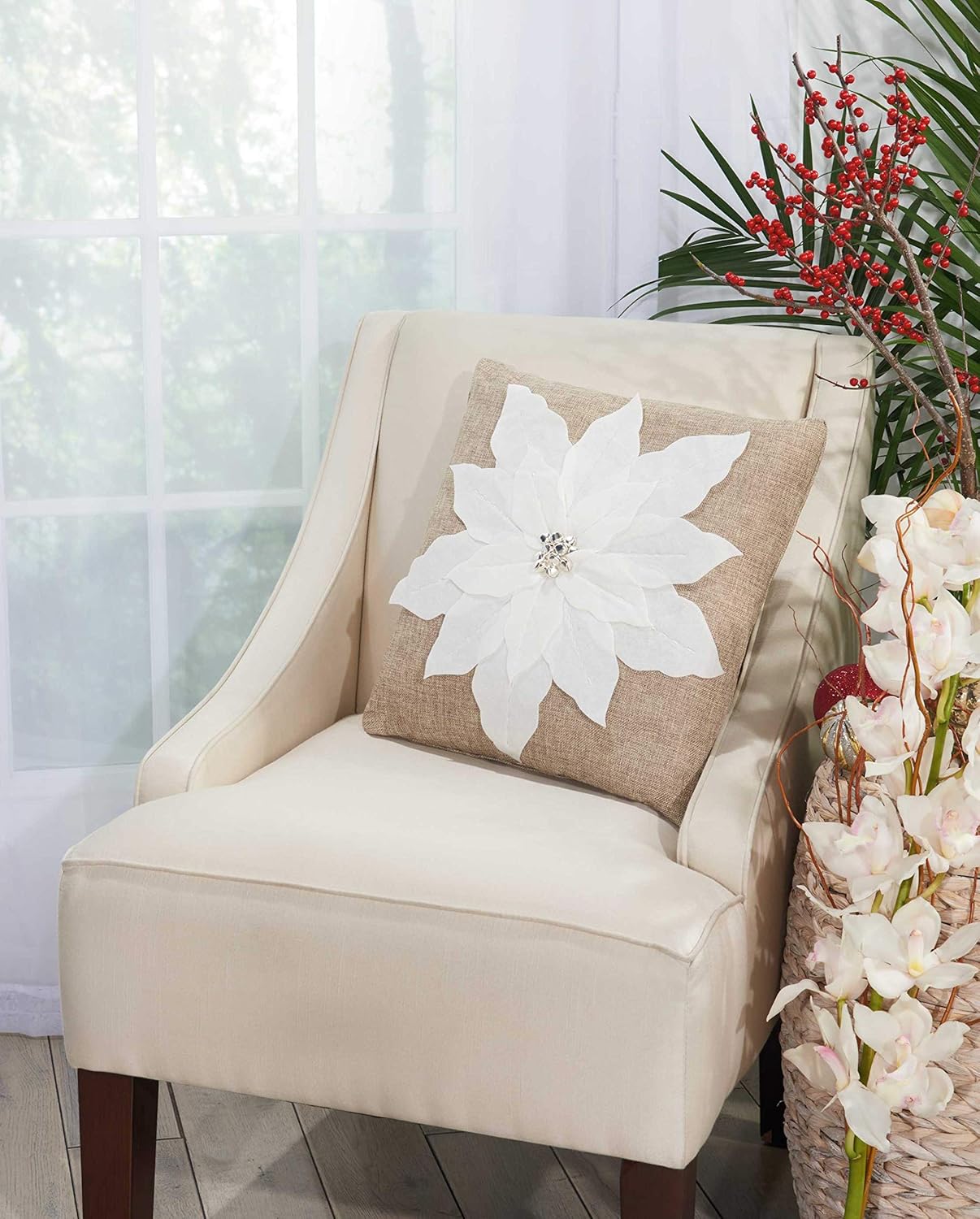 Mina Victory Home Pointsettia White Holiday Throw Pillow, 17" x 17"