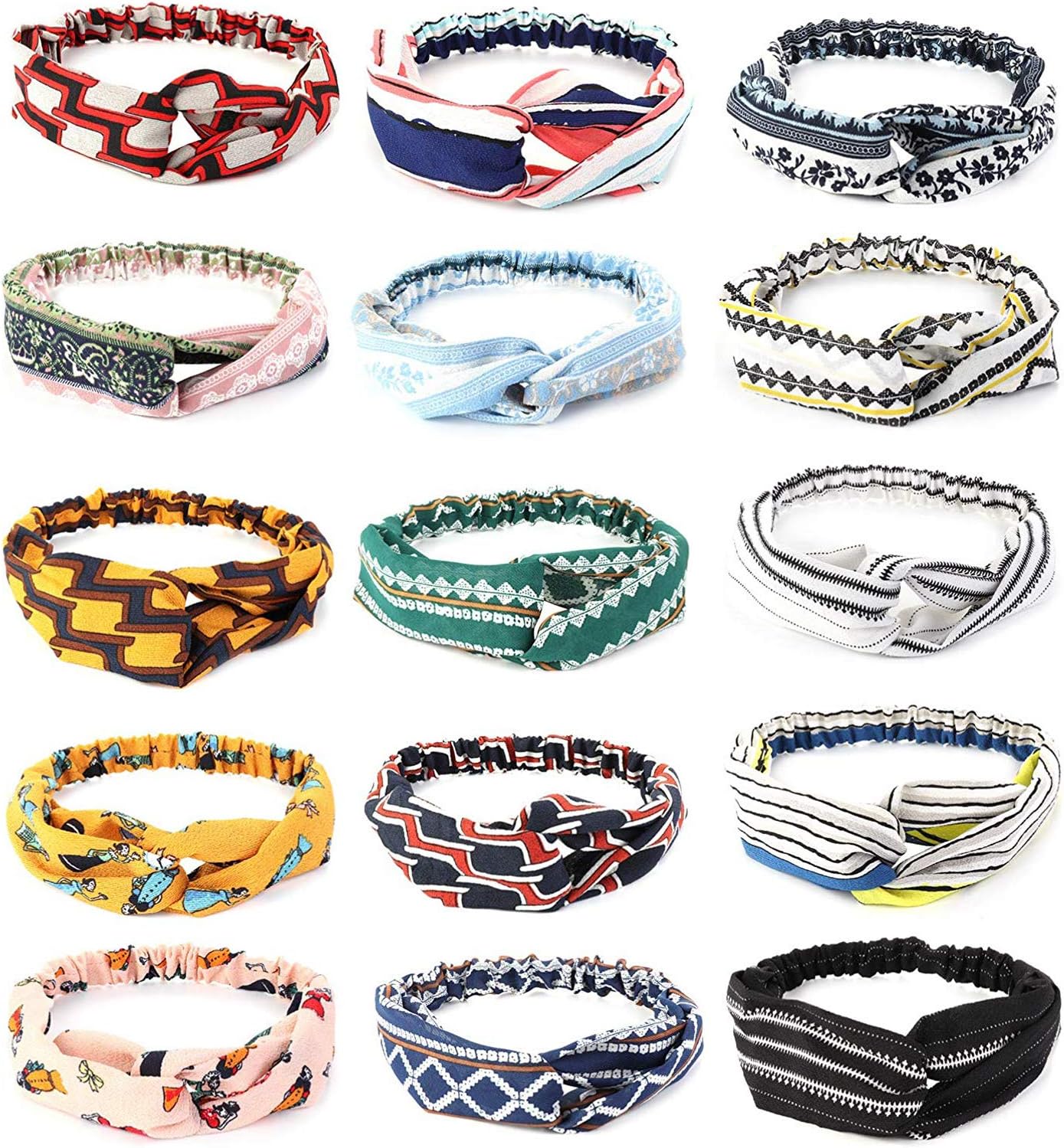 Finrezio 15Pcs Headbands for Women Elastic Boho Flower Yoga Head Wrap Elastic Hair Band