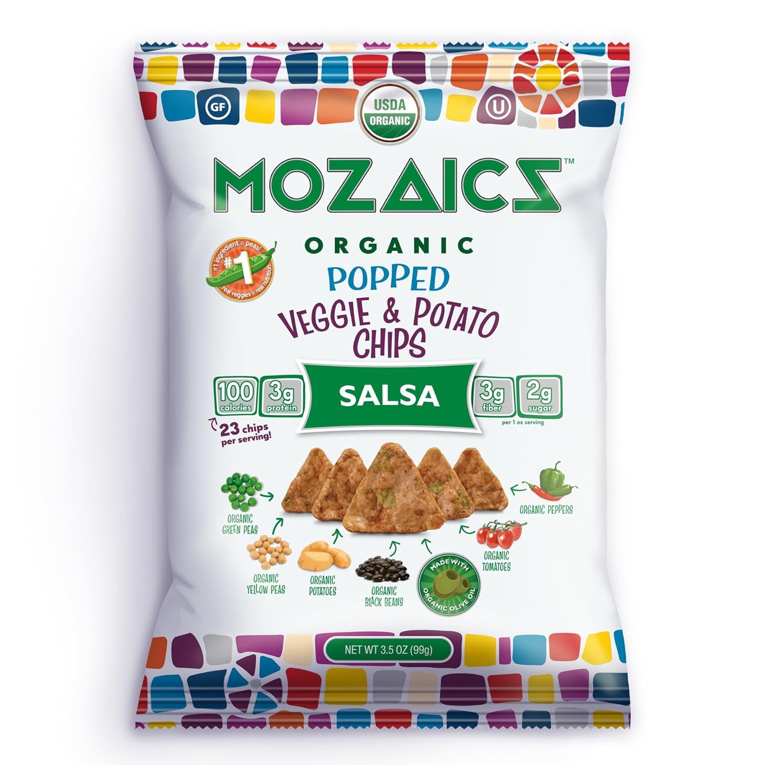 Mozaics Salsa Organic Popped Veggie Chips- Under 100 Calories, Gluten Free Healthy Snack - Healthier than veggie straws or stix - 3.5oz big bags (Salsa, 8-count)