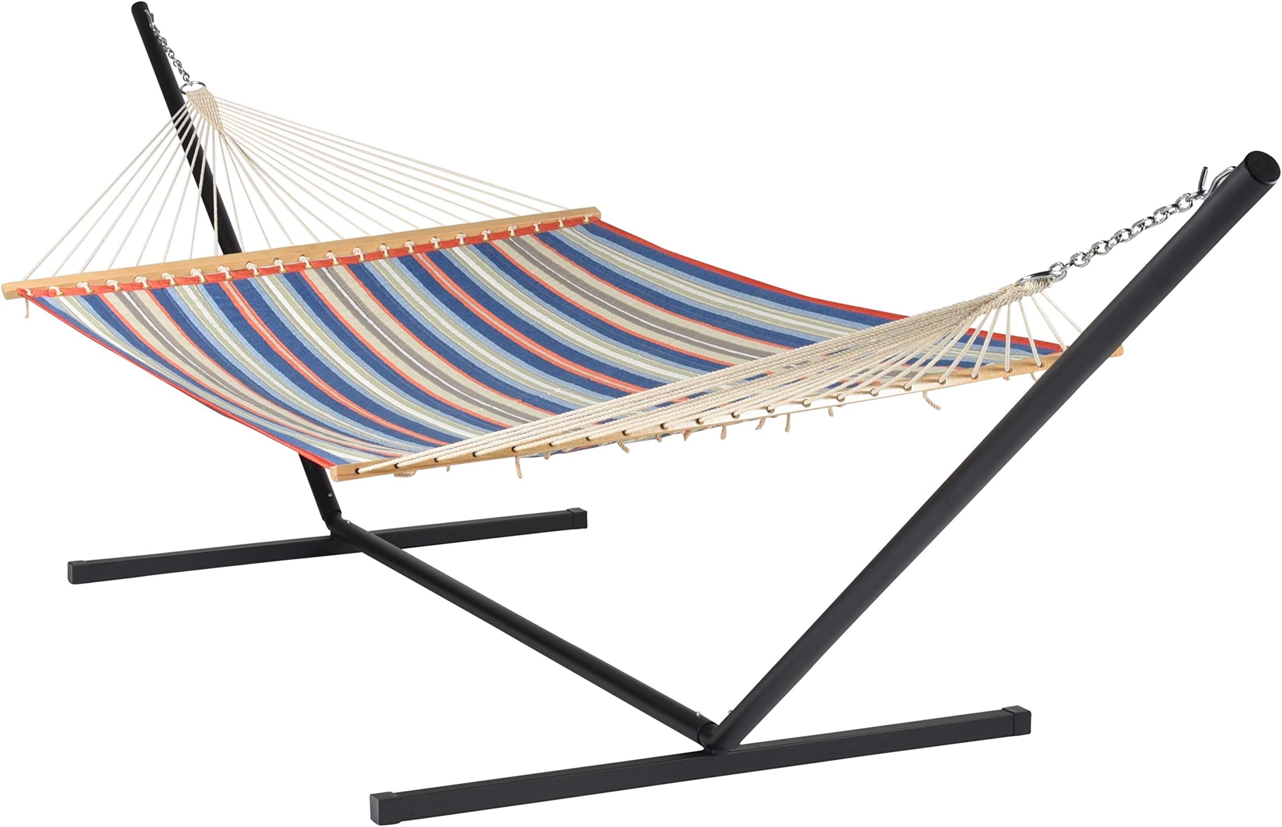 Quilted Hammock and Tribeam Stand (RED and Blue Stripe with TRIBEAM Stand Black)