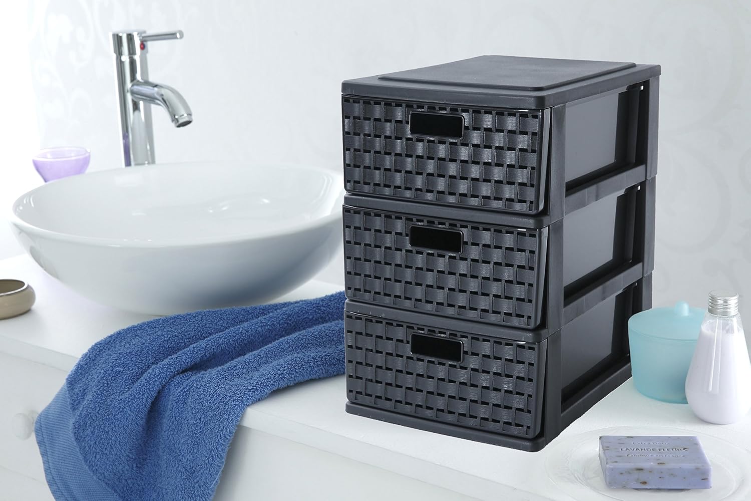 Small Cabinet With Drawers Plastic Storage Rattan Style Free Standing Black | eBay