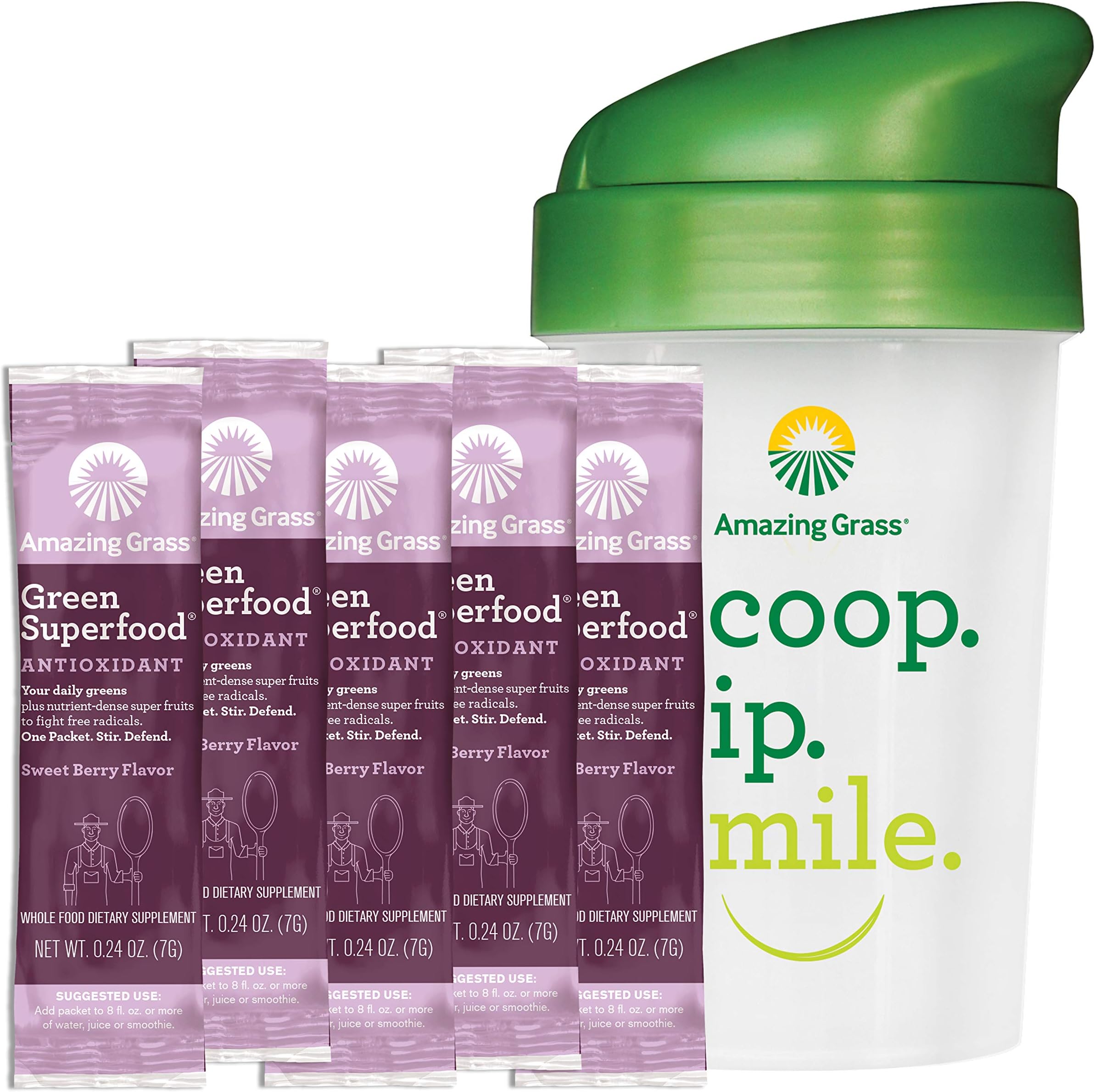 Amazing Grass Green Superfood Antioxidant: Super Greens Powder with Spirulina, Elderberry & Probiotics, Sweet Berry, 60 Count + Shaker