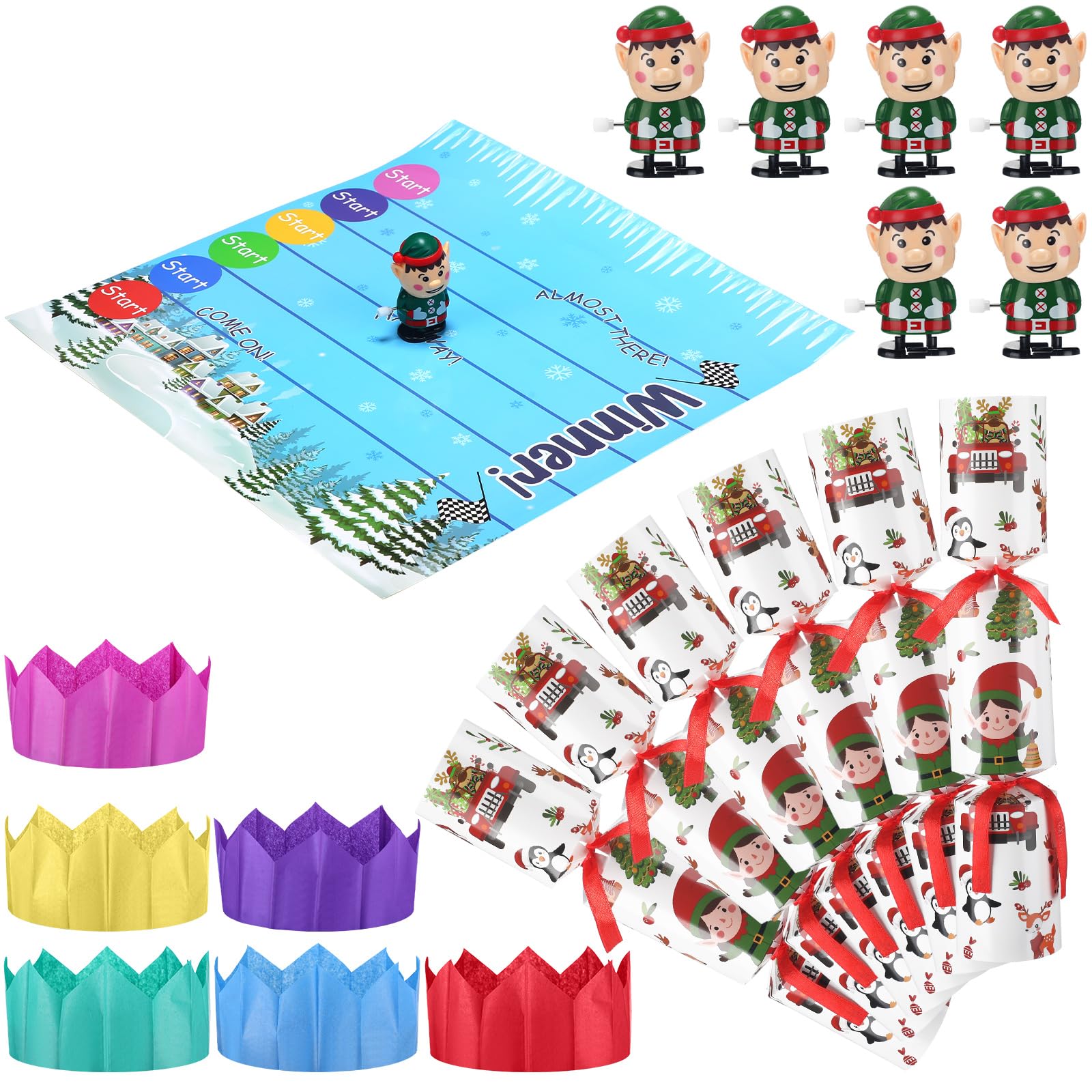 Photo 1 of JellyArch 6 Packs Christmas Crackers Party Table Favors Christmas No Snap with Wind up Elf Paper Hat Holiday Xmas Table Favor Supplies Racing Game for Adults New Year Holiday Gifts