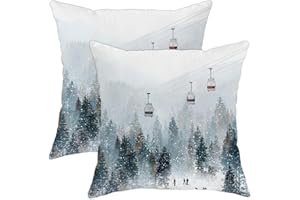Ski Lift Throw Pillow Covers Set of 2, Winter Scenic Snow Pine Trees Winter Blue Soft Velvet Washable Square Pillow Cases for