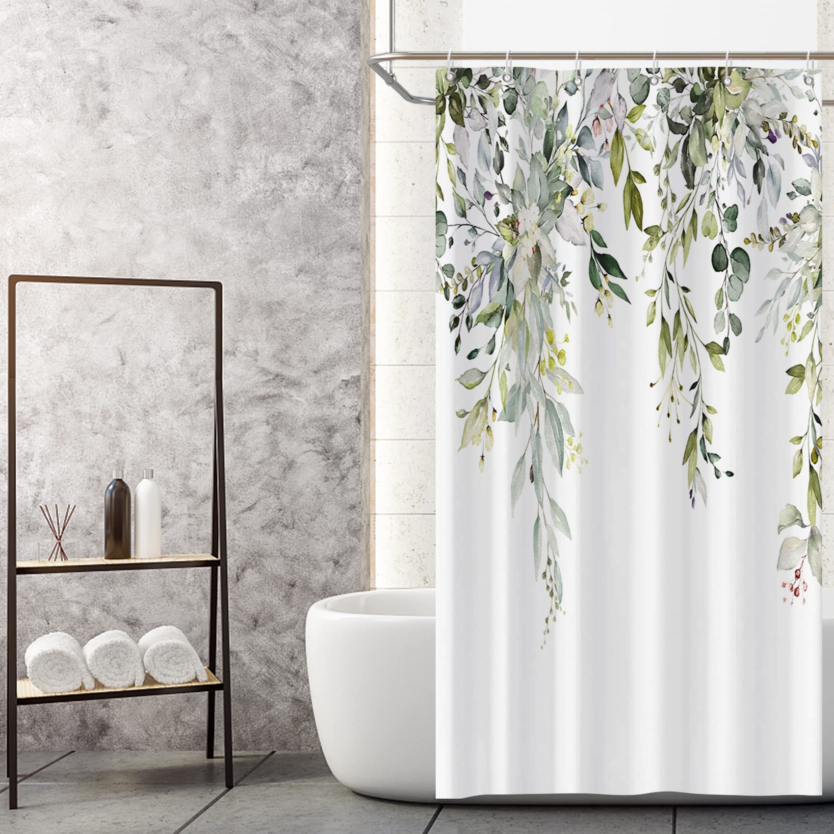 MIRRORANG Sage Green Eucalyptus Stall Shower Curtain,Watercolor Leaf Plant with Floral Bathroom Curtains with Hooks,Waterproof Mildew and Mould Resistant Polyester (90 x 183 cm) — image 1