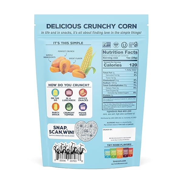 LOVE CORN SEA SALT | DELICIOUS CRUNCHY CORN NATURAL SNACK | 4 OUNCE X 1 BAG | NON-GMO, LOW-SUGAR, GLUTEN-FREE, PLANT BASED, VEGAN, LOW SUGAR