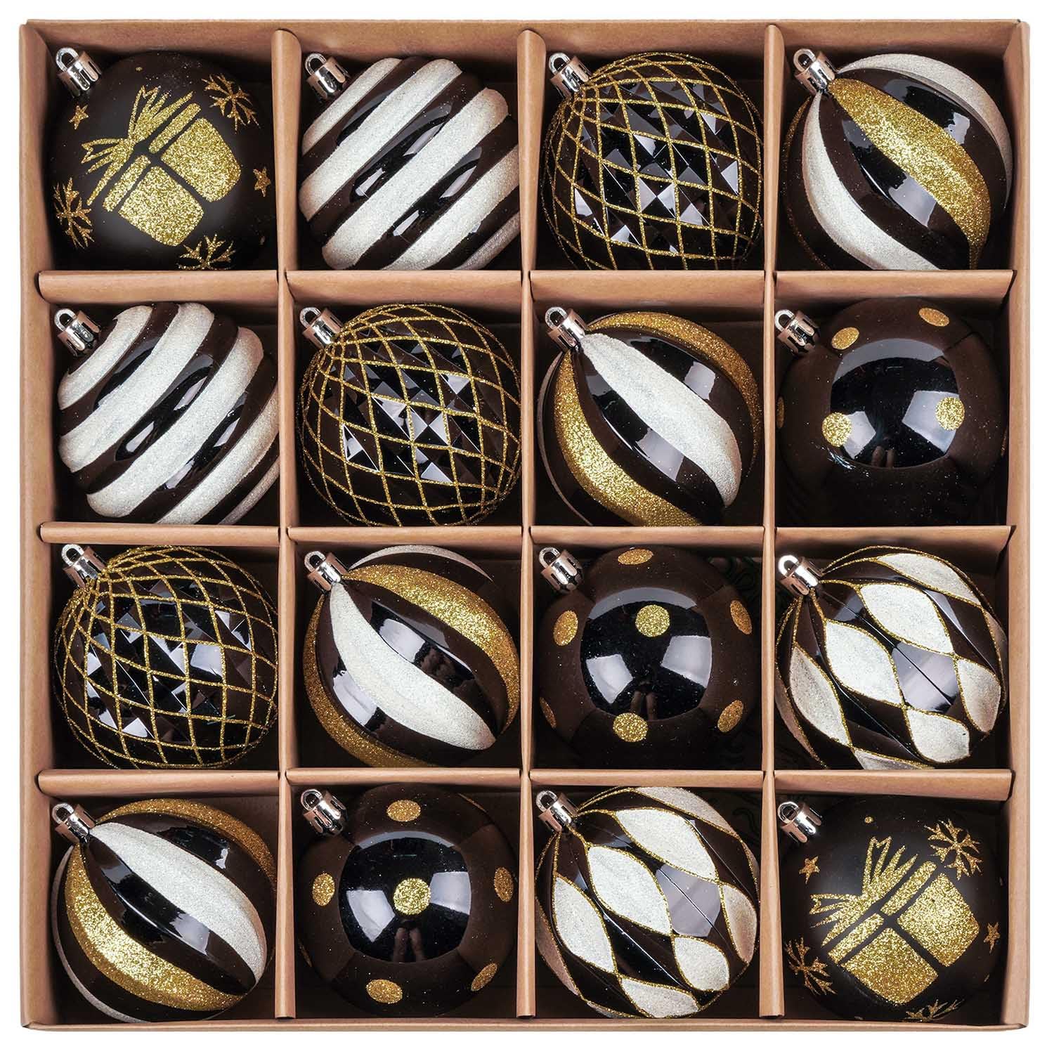 SVNVIOZ Black Gold White Christmas Baubles Decorations, 16pc 8cm Christmas Ball Ornaments Set, Shatterproof Xmas Tree Balls