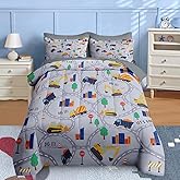 Nesker 5 Pcs Comforter Set Twin Size, Construction Vehicles Car Bedding for Kids Teen, Town Tree Truck Bedding Set with Pillowcase & Sham