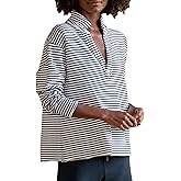 Zontroldy Women's Casual V Neck Pullover Sweatshirt Long Sleeve Solid Color/Stripe Polo Collared Shirts Tops