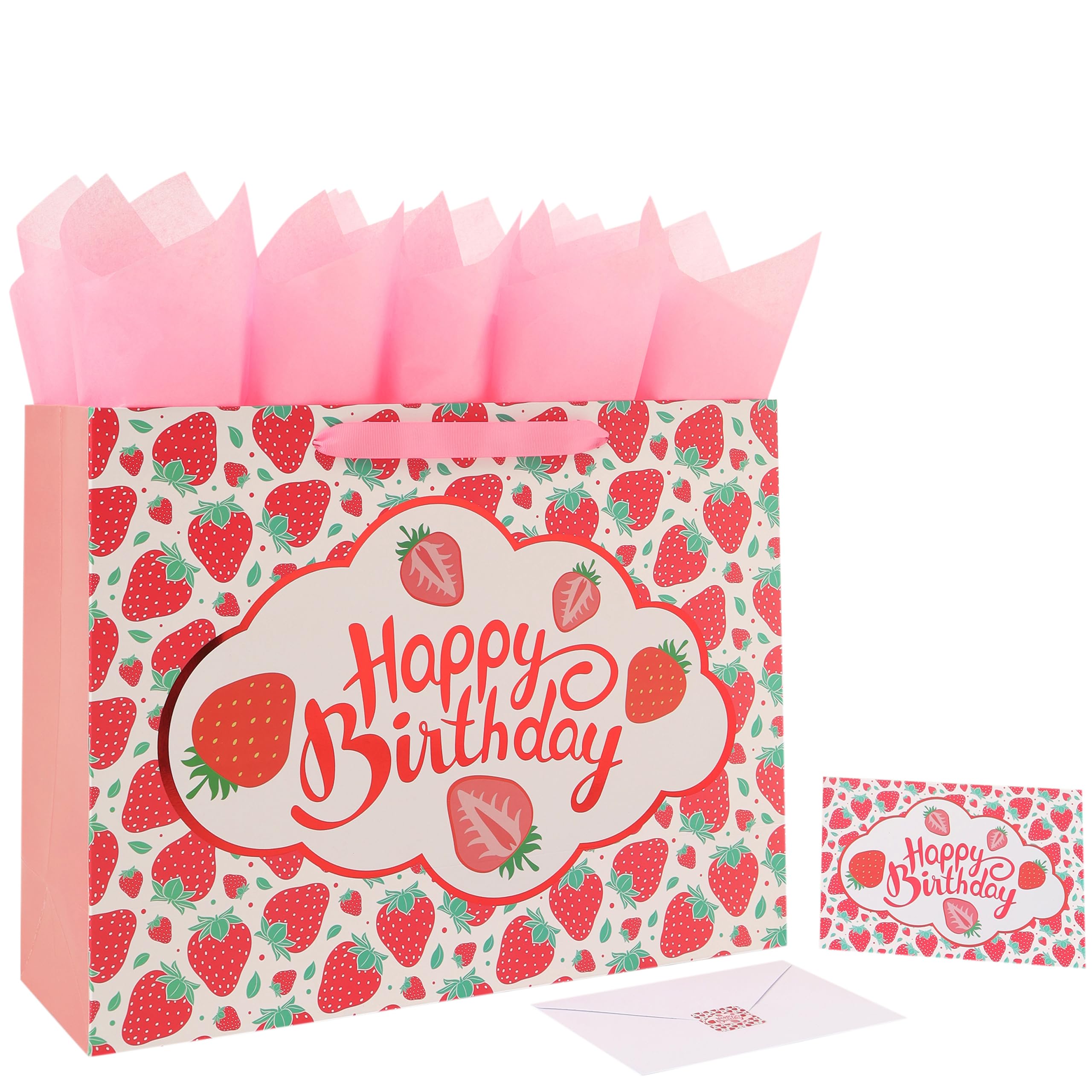 Photo 1 of 16.5” Extra Large Strawberry Happy Birthday Gift Bag Set with Handles, Greeting Card, Tissue Papers and Stickers for Girls Kids Teens Women, Fruit Themed Birthday Design, 1 Pcs