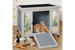 COZIWOW 24 Inch Rabbit Hutch Outdoor, Weatherproof Cat House, Bunny Cage Indoor with Non-Slip Ramp, Portable Wooden Shelter for Rabbits, Feral Cats, Chicken, Duck & Other Small Animals (Grey)​