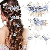 Yeshone 5 Pieces Wedding Hair Comb Bridal Hair Pins Crystal Pearl Accessories Rhinestone Flower Piece for Wedding Bride Women(Light Blue,Fresh Style)