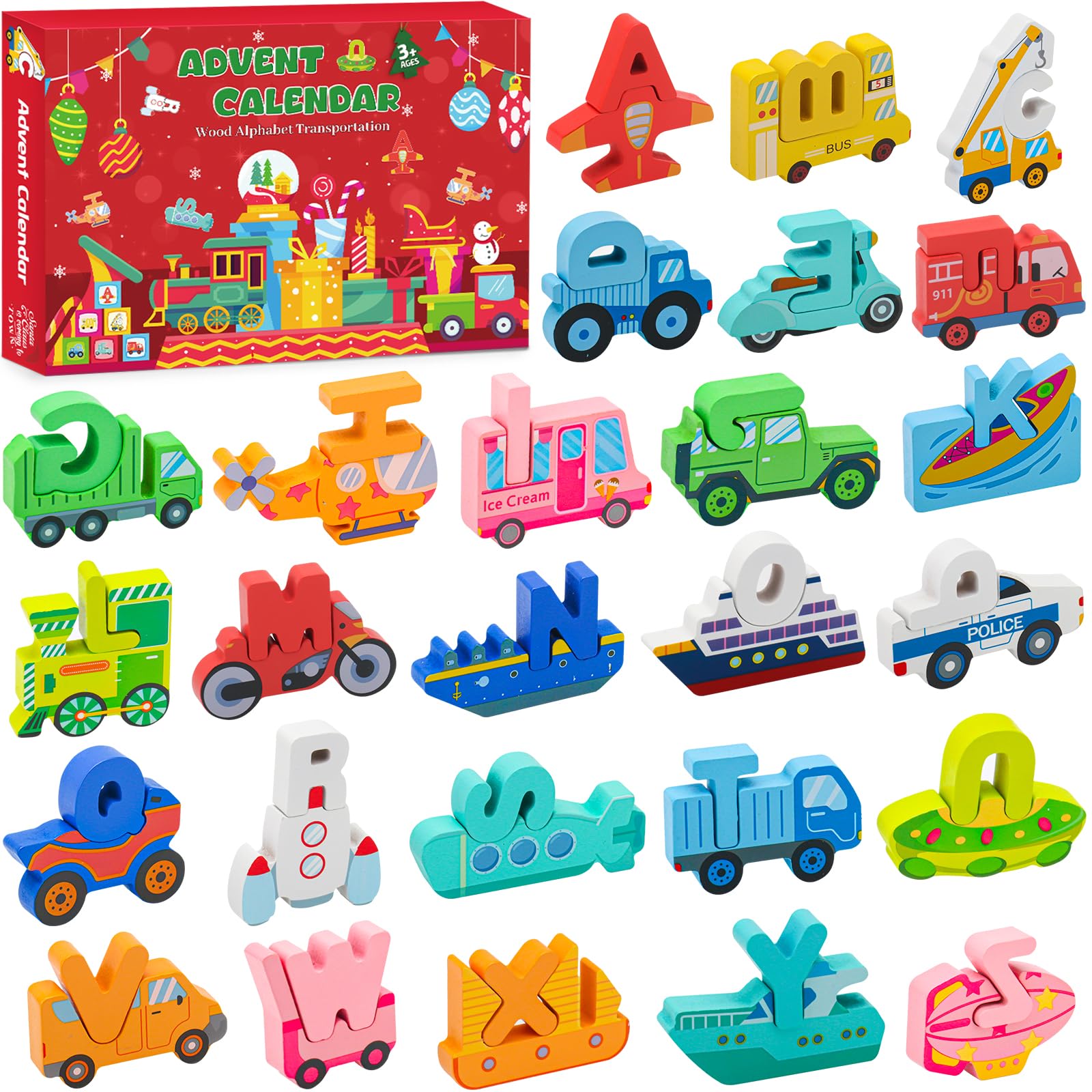 Advent Calendar 2025 Kids,Wooden Alphabet Transportation Puzzles for Toddlers,52 Pcs ABC Matching Game,Christmas Countdown Wood Transportation Puzzles and Preschool Learning Activities for Boys,Girls