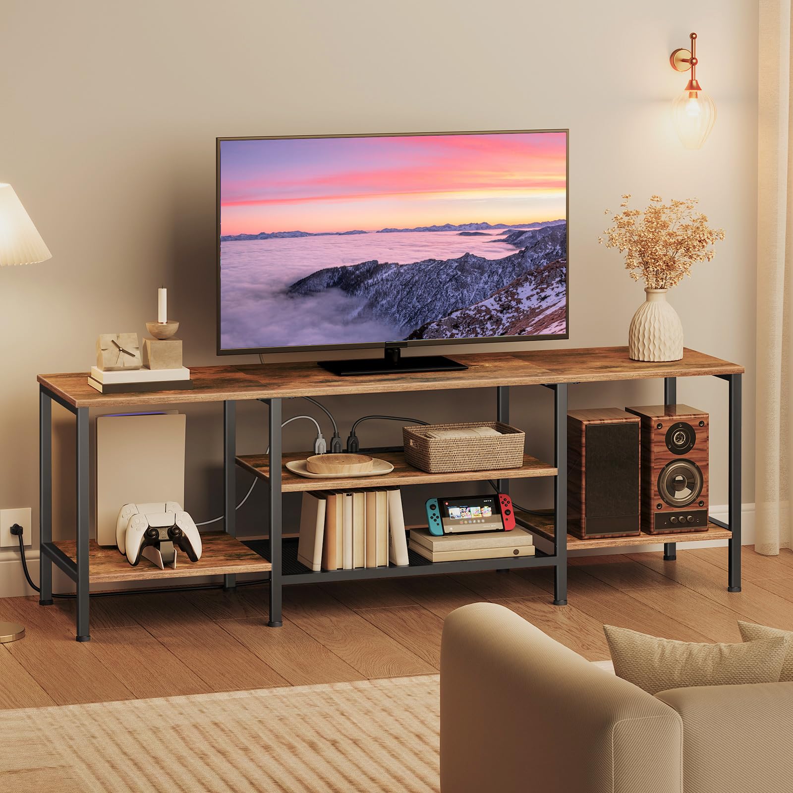 Photo 1 of HOOBRO TV Stand with Power Outlets to 75 Inches, TV Console Table with Open Storage Shelves Cabinet, Industrial Media Entertainment Center for Living Room Bedroom, Rustic Brown and Black BF60DS01